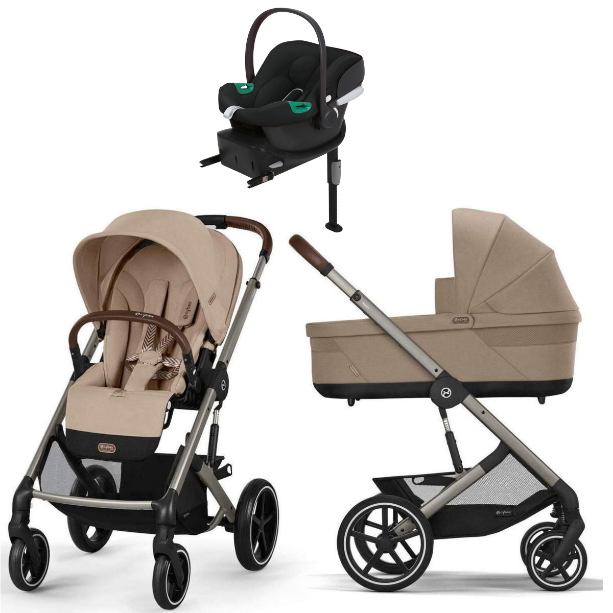 Коляска Cybex Balios S Lux TPE complete Aton B2 Volcano Black Base One 4 в 1 Almond Beige с дождевиками