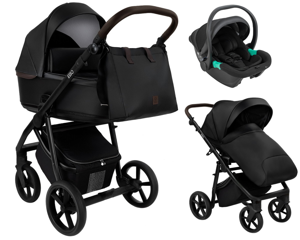 Детская коляска Roan Esso Кожа 3 в 1 с автокреслом Pituso Santiso Pro ESSK/210/1 Black /Black/руч.Тем.коричневый