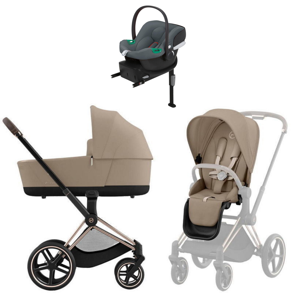 Коляска Cybex Priam IV Rosegold complete Aton B2 Steel Grey Base One 4 в 1 Cozy Beige
