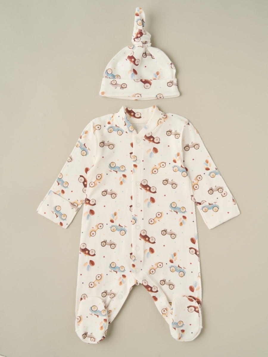 Комбинезон, шапочка-узелок Little Star Машинки 31833-2 (ЧЗ-мз) крем 62