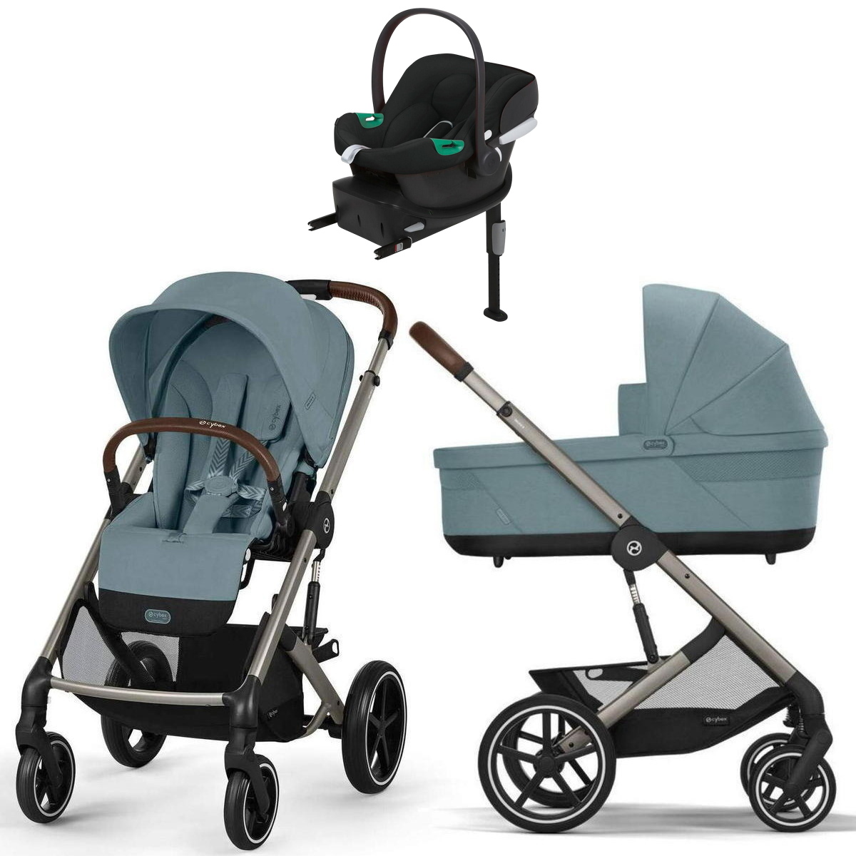 Коляска Cybex Balios S Lux TPE complete Aton B2 Volcano Black Base One 4 в 1 Stormy Blue с дождевиками