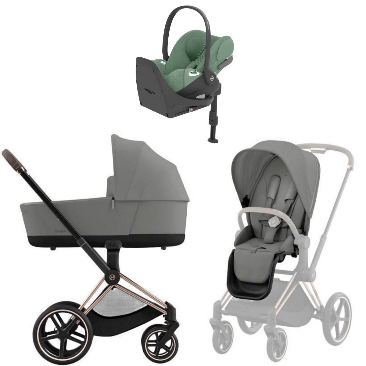 Коляска Cybex Priam IV Rosegold complete Cloud T Leaf Green Plus Base T 3 в 1 Mirage Grey