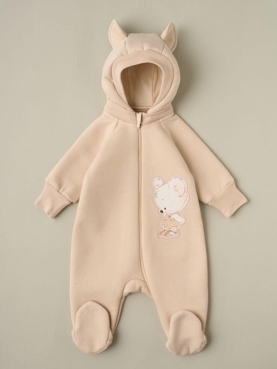 Комбинезон Little Star Мишка Малыш с отстегивающимся капюшоном футер с начесом 823015 (ЧЗ-мз) светло-бежевый 68