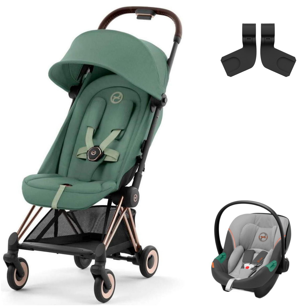 Коляска Cybex Coya Rosegold Frame Aton S2 i-Size Lava Grey Leaf Green с дождевиком и бампером