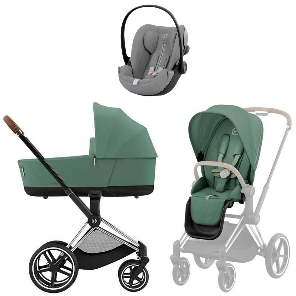 Коляска Cybex Priam IV Chrome Brown complete и автокресло Cloud G i-Size Stone Grey Plus 3 в 1 Leaf Green