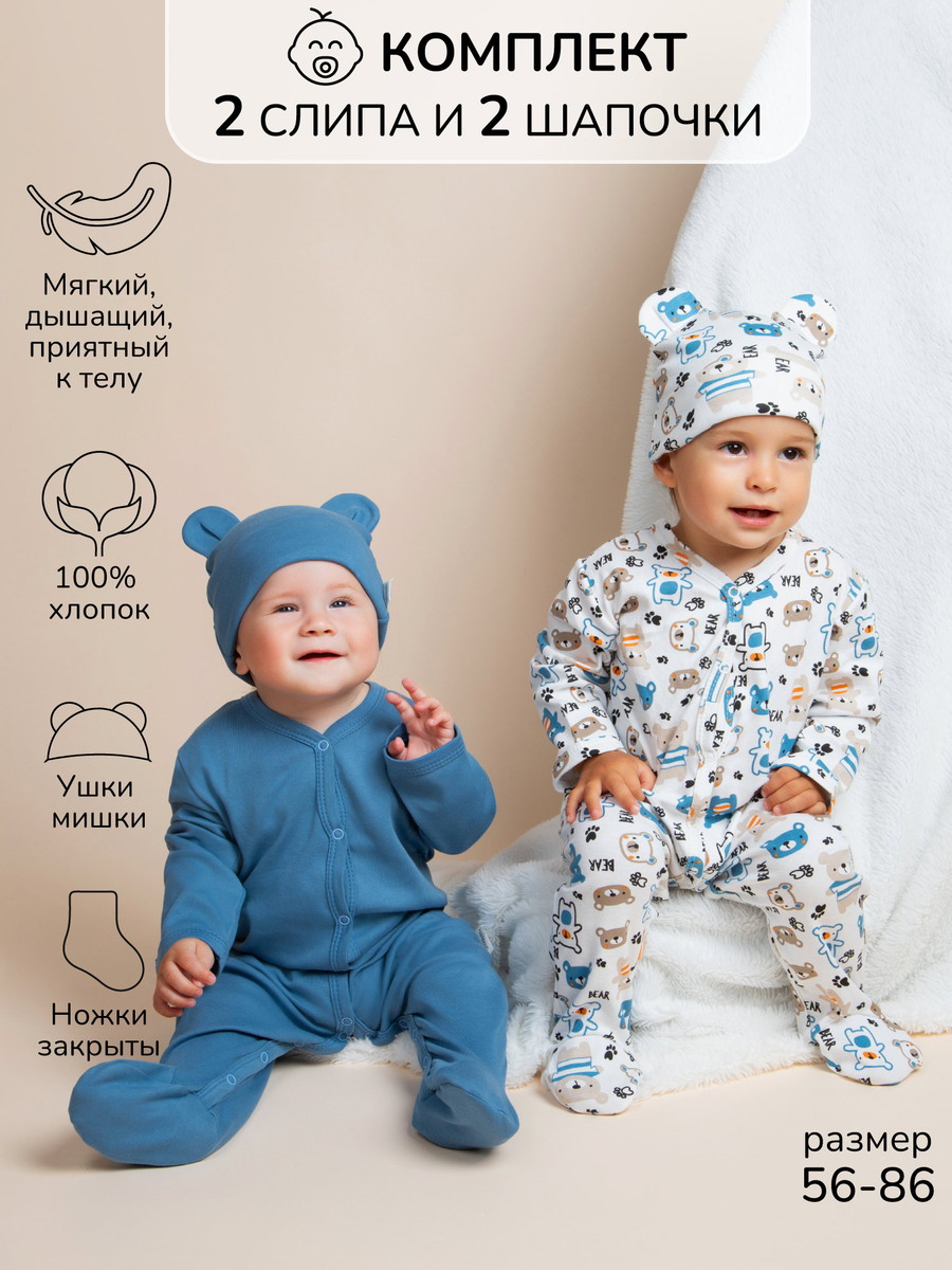 Комплект комбинезонов (слипов) AmaroBaby Nature с шапочкой синий, мишки 74