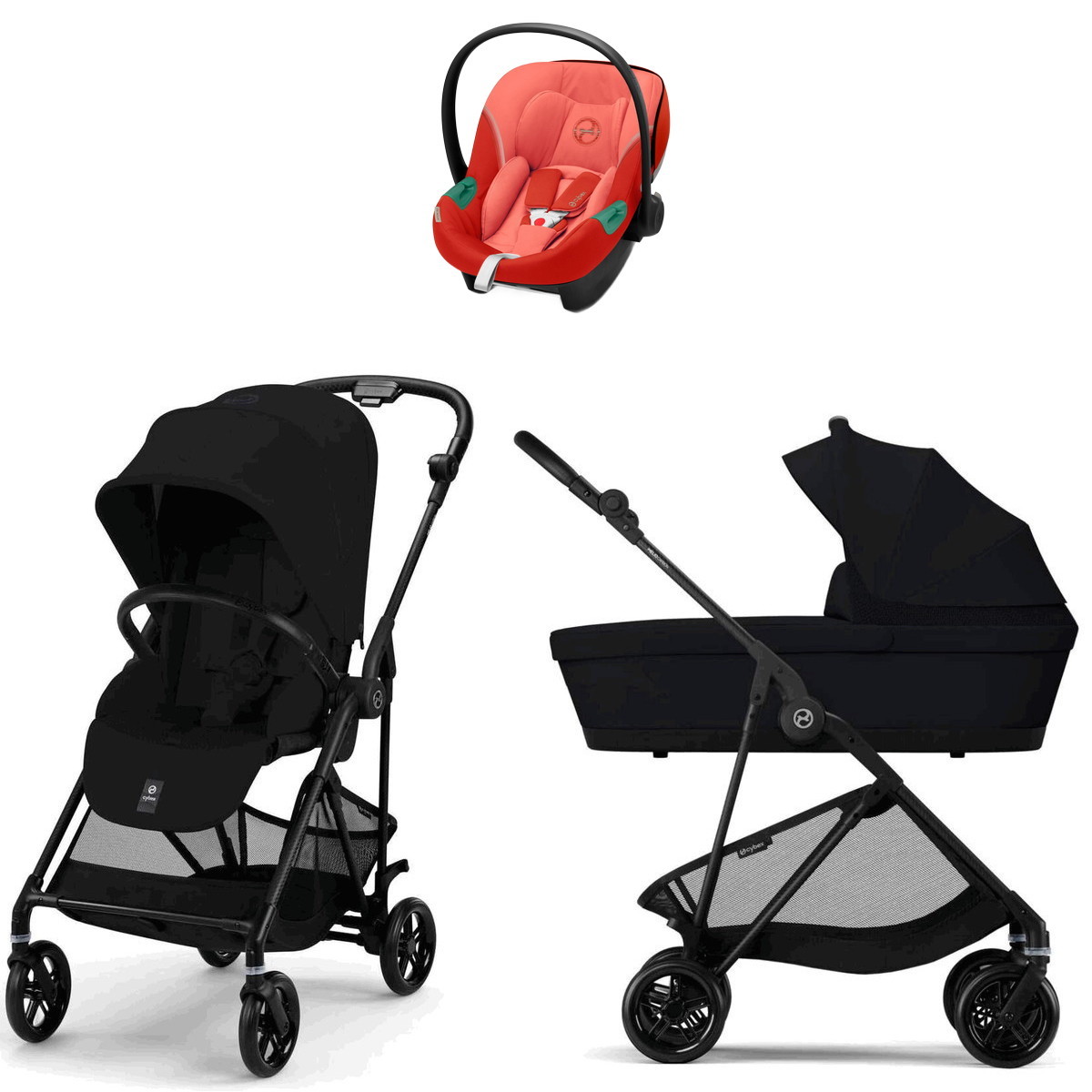 Коляска Cybex Melio Carbon Aton S2 i-Size Hibiscus Red 3 в 1 Magic Black с дождевиками
