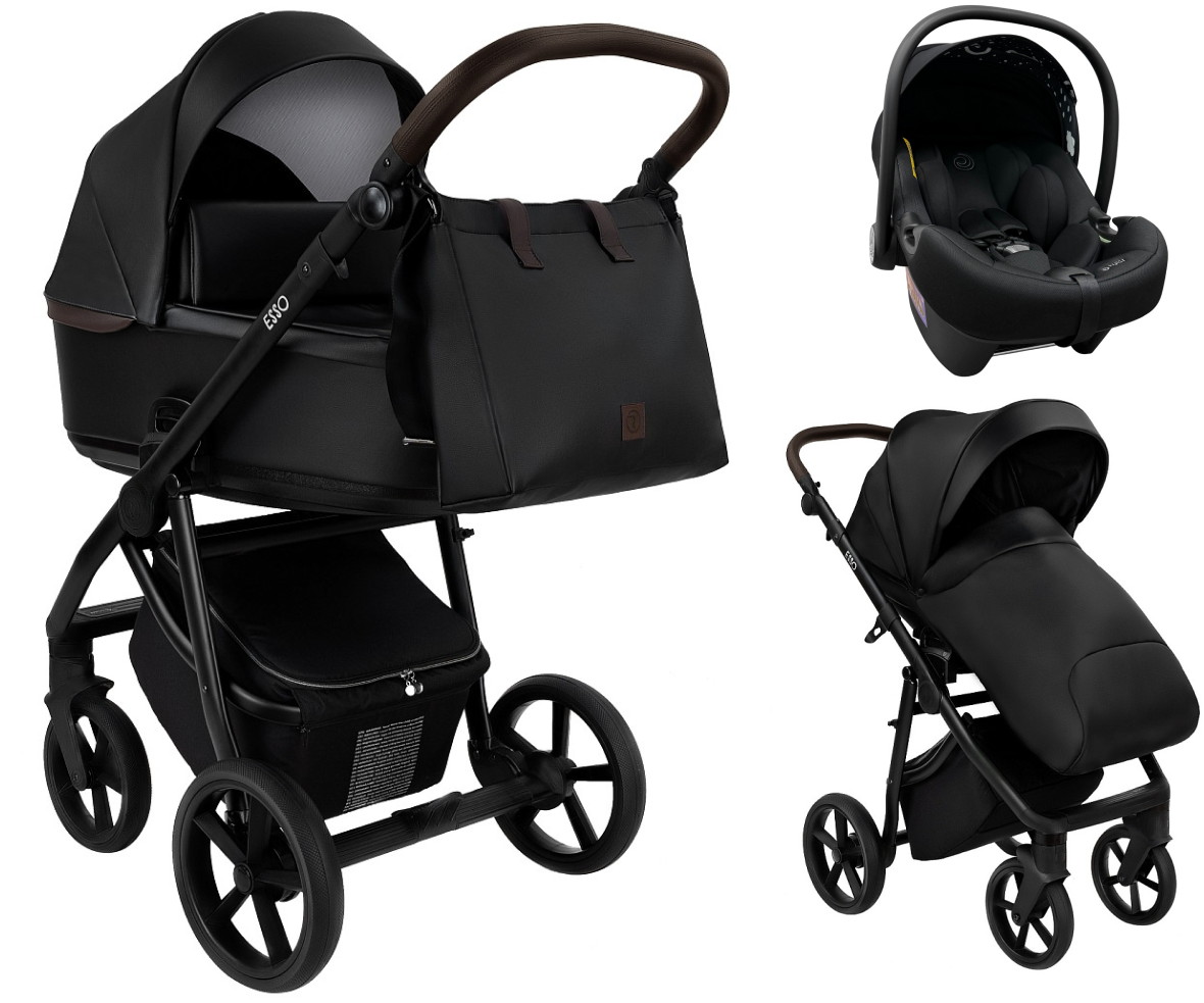 Детская коляска Roan Esso Кожа 3 в 1 с автокреслом Tutis Elo Lux EduSky Black ESSK/210/1 Black /Black/руч.Тем.коричневый