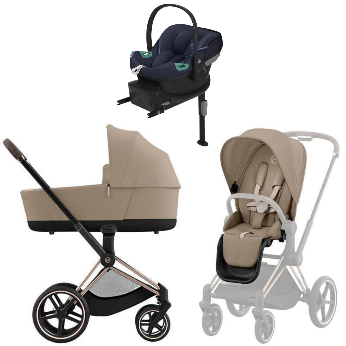 Коляска Cybex Priam IV Rosegold complete Aton S2 Ocean Blue Base One 4 в 1 Cozy Beige