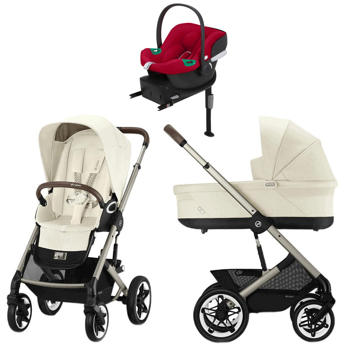 Коляска Cybex Talos S Lux TPE complete Aton B2 Dynamic Red Base One 4 в 1 Seashell Beige с дождевиками