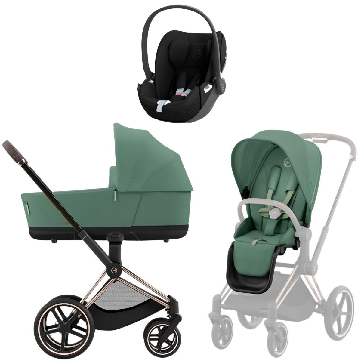 Коляска 3 в 1 Cybex Priam IV Rosegold complete и автокресло Cloud T i-Size Sepia Black Leaf Green