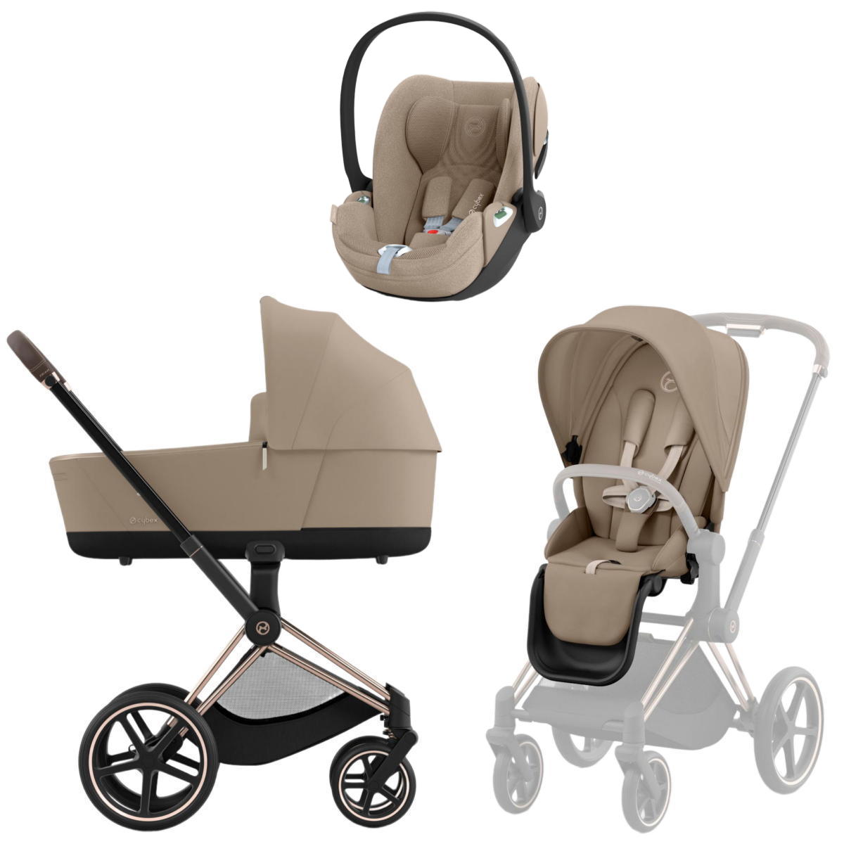 Коляска 3 в 1 Cybex Priam IV Rosegold complete и автокресло Cloud T i-Size Cozy Beige Plus Cozy Beige