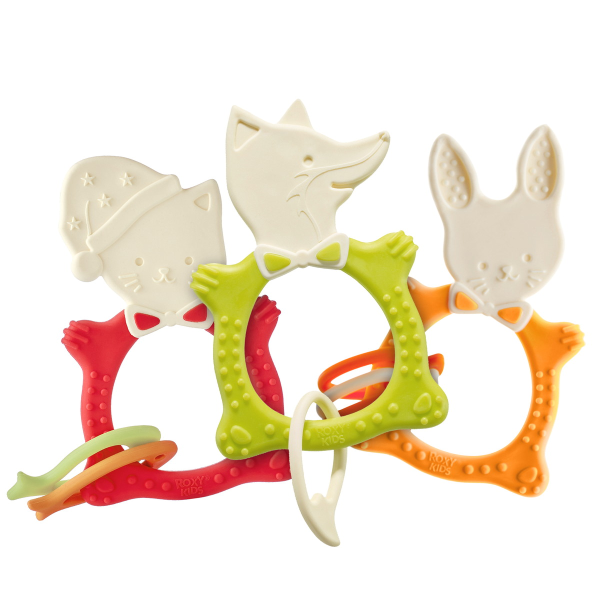 Набор прорезывателей Roxy-Kids Bunny, Fox, Meow RFM-001 горчичный/зелёный/коралловый