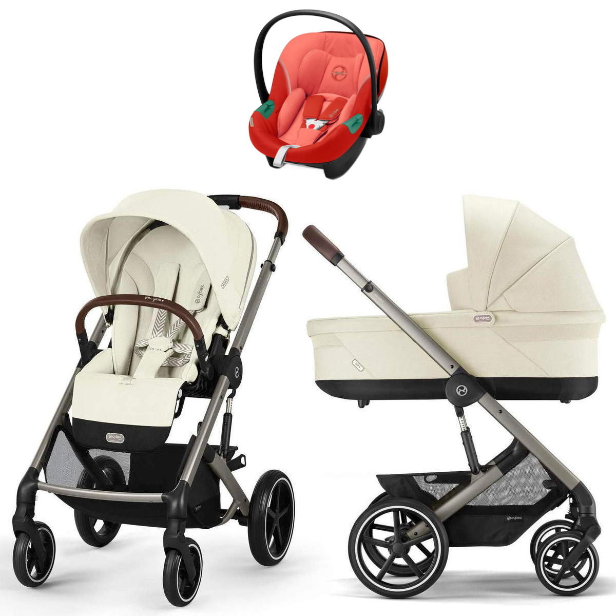 Коляска Cybex Balios S Lux TPE complete Aton S2 Hibiscus Red 3 в 1 Seashell Beige с дождевиками