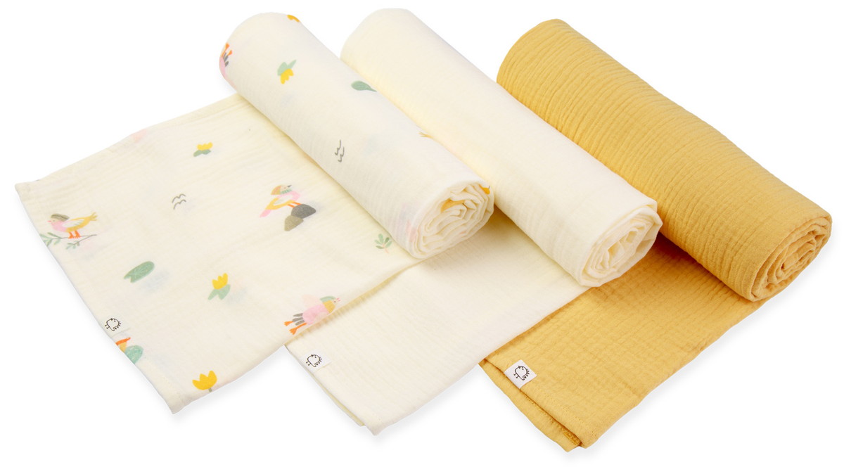 Пелёнки муслиновые Buba Kids, 3 шт, 75х75 см BKMUSSW40 Утка-мандаринка/ горчица/ сливочный