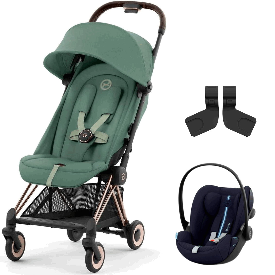 Коляска Cybex Coya Rosegold Frame Cloud G i-Size Ocean Blue Plus Leaf Green с дождевиком и бампером