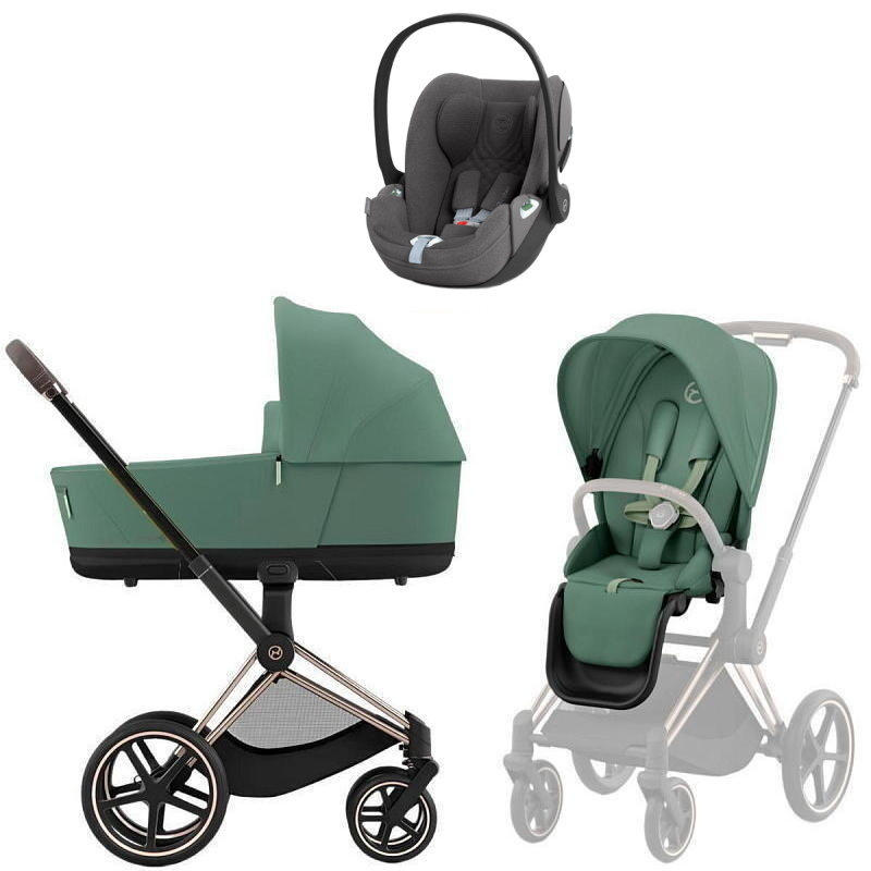 Коляска 3 в 1 Cybex Priam IV Rosegold complete и автокресло Cloud T i-Size Mirage Grey Plus Leaf Green