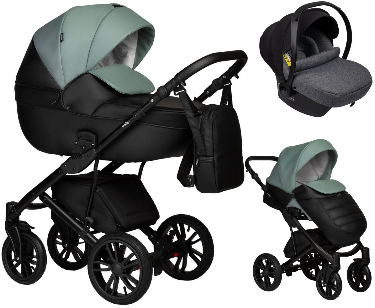 Детская коляска Indigo Mio Eco 3 в 1 с автокреслом Avionaut Cosmo Grey 05 черная кожа+шалфей кожа