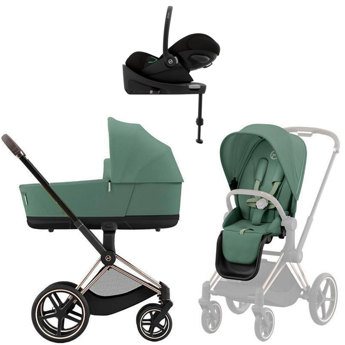 Коляска Cybex Priam IV Rosegold complete Cloud G Moon Black Plus Base G 3 в 1 Leaf Green