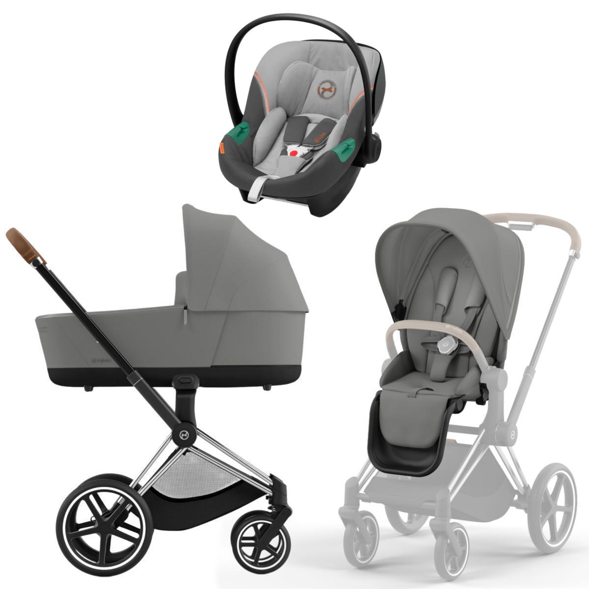 Коляска 3 в 1 Cybex Priam IV Chrome Brown complete и автокресло Aton S2 i-Size Lava Grey Mirage Grey