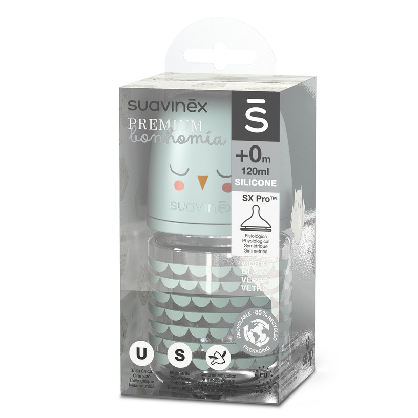 Стеклянная бутылочка Suavinex Pro Physiological 120 мл, с соской из силикона, медленный поток 0+ 307826 GR