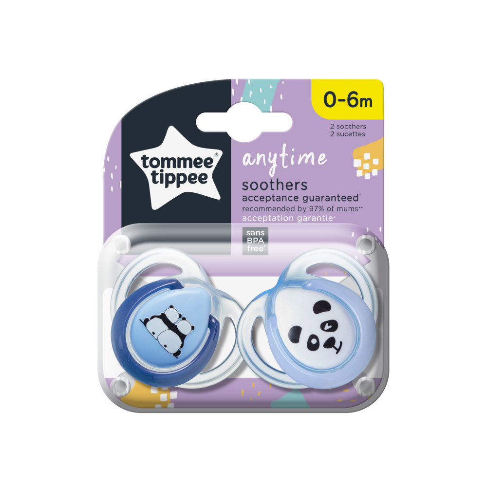 Соска-пустышка силиконовая Tommee Tippee Anytime, 0-6 мес., 2 шт. ALBASTRU белый/голубой