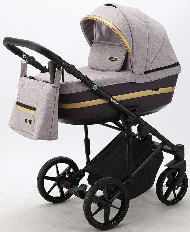 Детская коляска Adamex Rimini 3 в 1 RI14-LUX серо‑розовый+сливов.кожа+золото.отделка