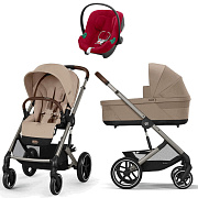 Коляска Cybex Balios S Lux TPE complete Aton B2 Dynamic Red 3 в 1 Almond Beige с дождевиками
