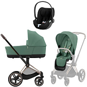 Коляска 3 в 1 Cybex Priam IV Rosegold complete и автокресло Cloud T i-Size Sepia Black Leaf Green