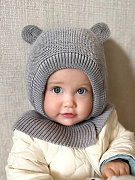 Шапка-шлем вязаная AmaroBaby Pure Love Warm зимняя с утеплителем серая 46